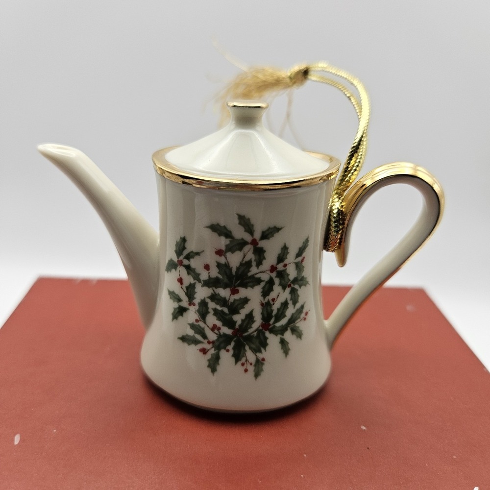 Lenox Christmas Teapot Hanging Ornament White Gold Holly - Thailand - Picture 2 of 7